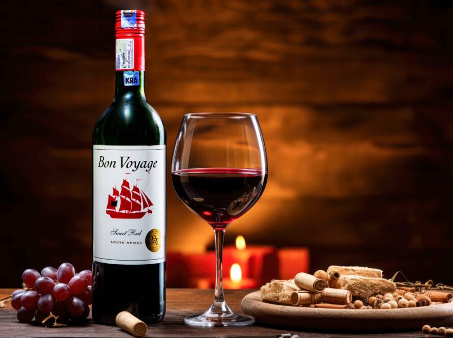 Bon Voyage red wine bottle with a glass of red wine, grapes and corks on a rustic table