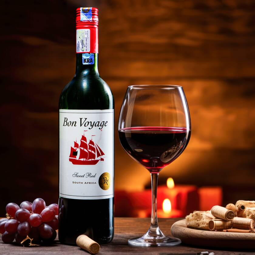 Bon Voyage red wine bottle with a glass of red wine, grapes and candles on a wooden table