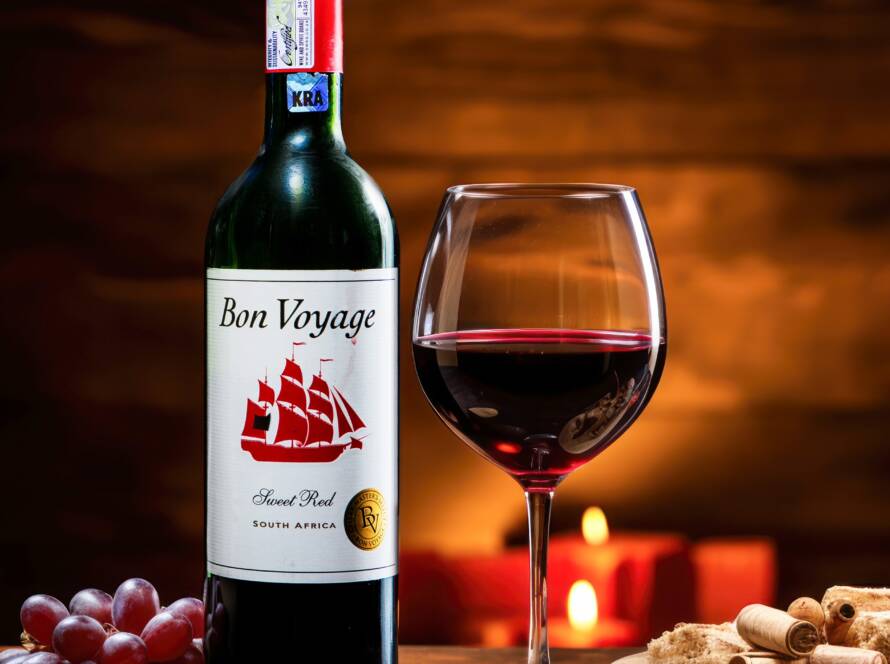 Bon Voyage red wine bottle with a glass of red wine, grapes and candles on a wooden table